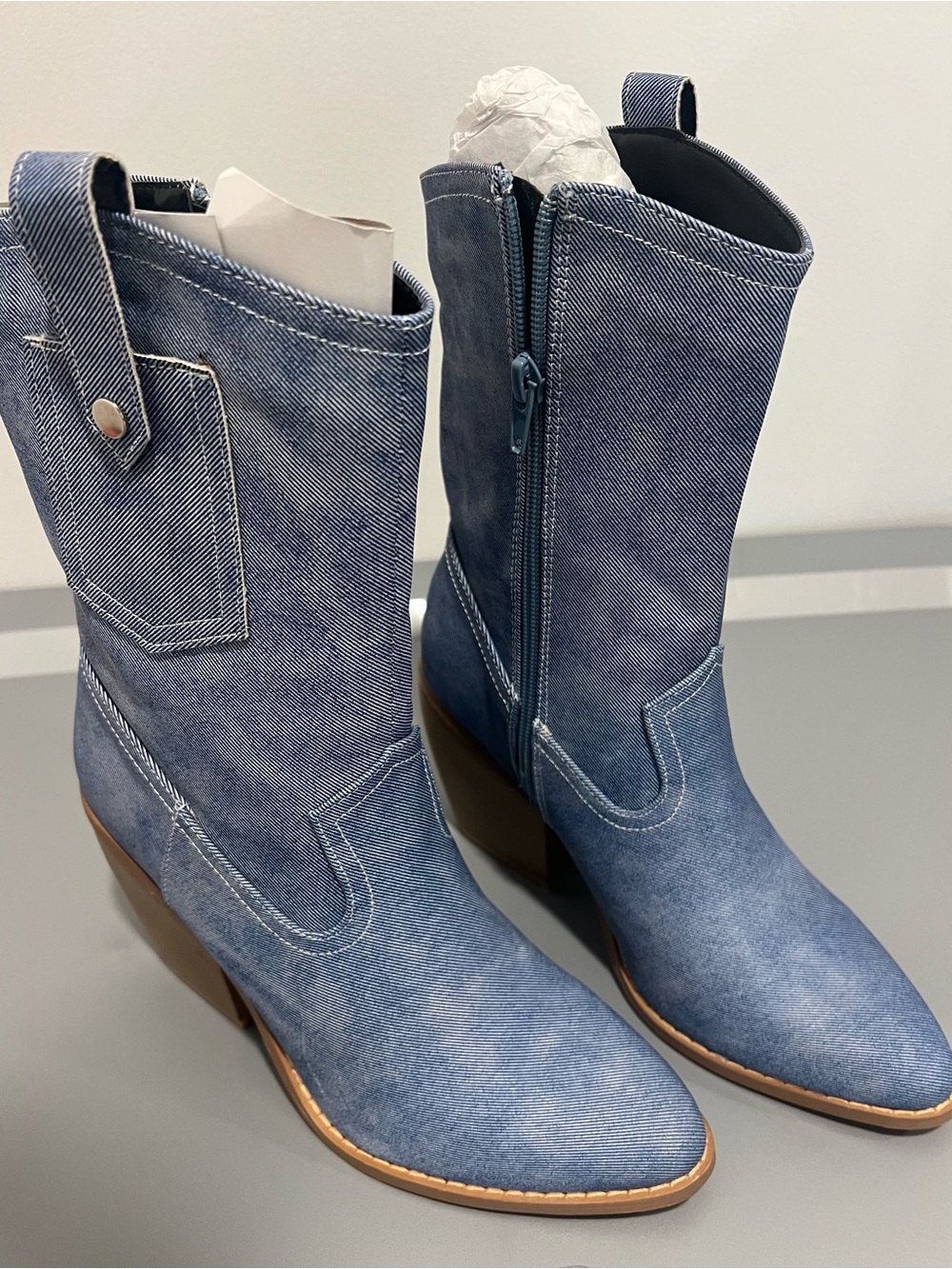 Never Worn Blue Denim Western Ankle Boots - Women - Picture 1 of 3
